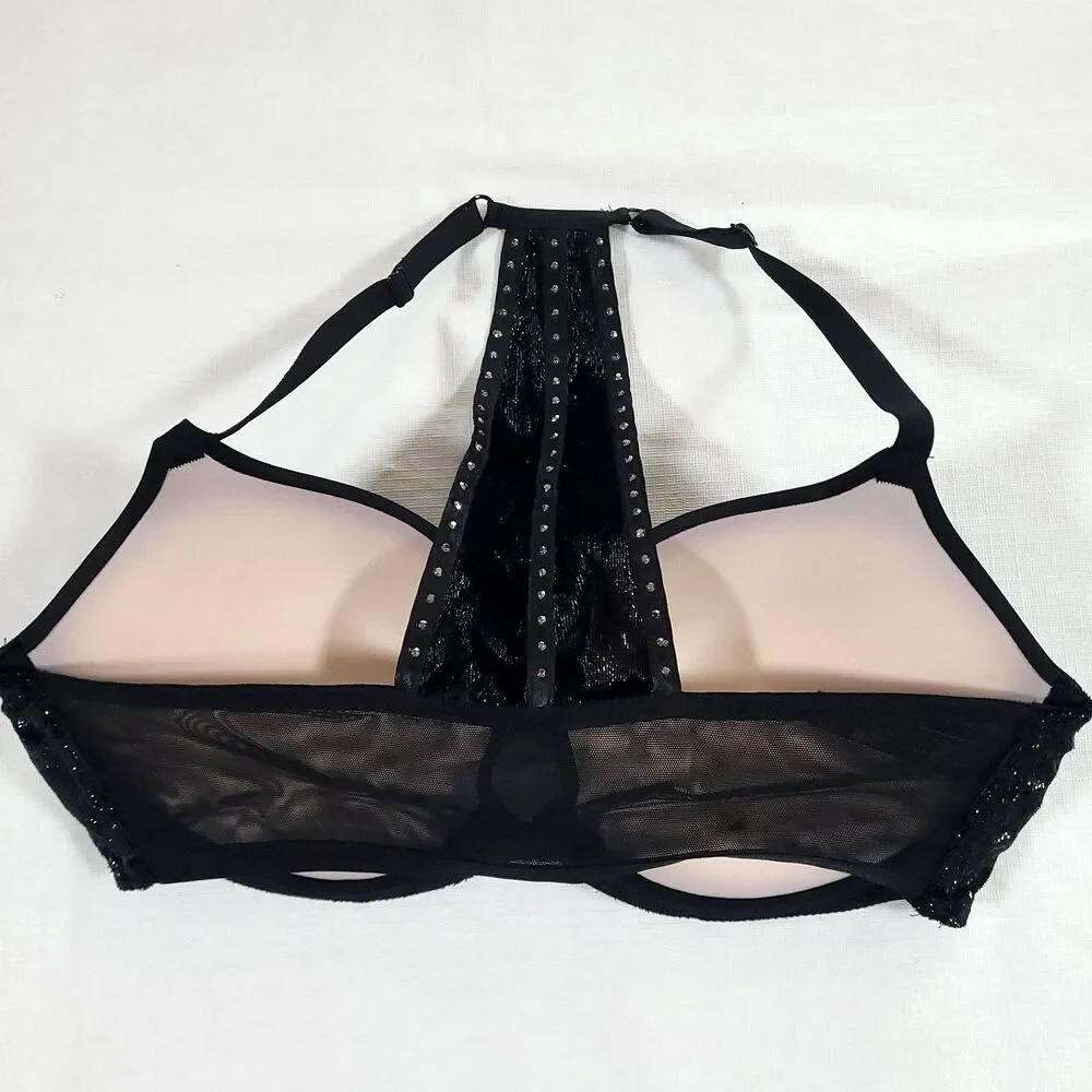 Victoria Secret Very Sexy Racerback Bra 36D Black Tencil Velvet Rhinestones‎ Adj